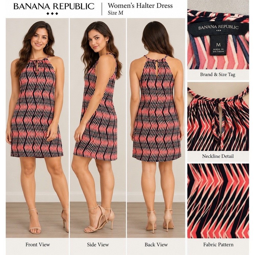 Banana Republic Halter Dress Womens M Pink Navy Excellent Casual Chic Geometric